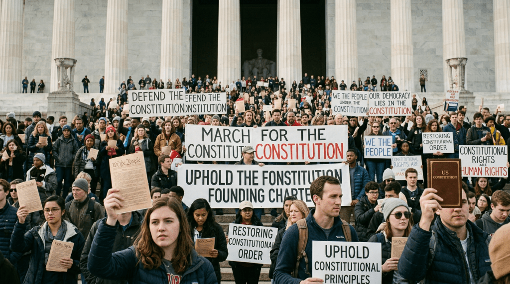 Crowd of people holding signs advocating for the Constitution and constitutional rights